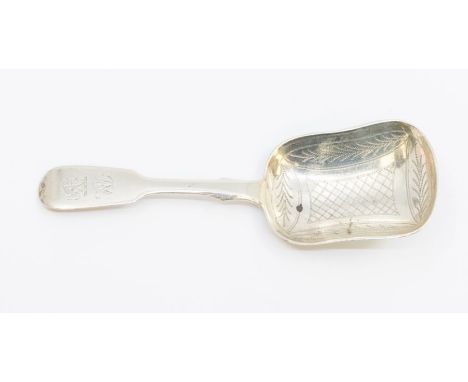 A Victorian fiddle pattern silver caddy shovel / spoon, bright engraved bowl, the handle engraved with crest above initials, 