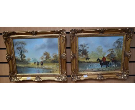 A pair of 20th Century oils on board of hunting scenes, by Digby Page, signed and framed, 24 x 29cms approx