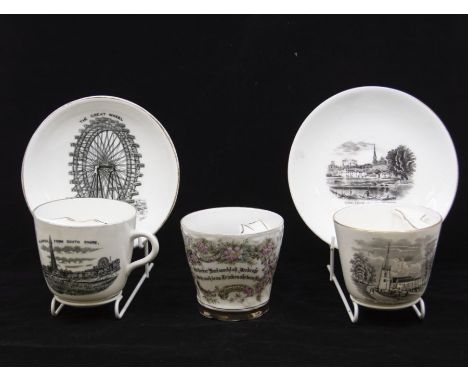 A Victorian china moustache cup and saucer, transfer printed with scenes from Blackpool to include: Blackpool from North and 