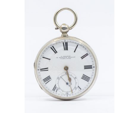 A Victorian silver open faced pocket watch, white enamel dial with Roman numerals, subsidiary seconds dial, inscribed J. Wils