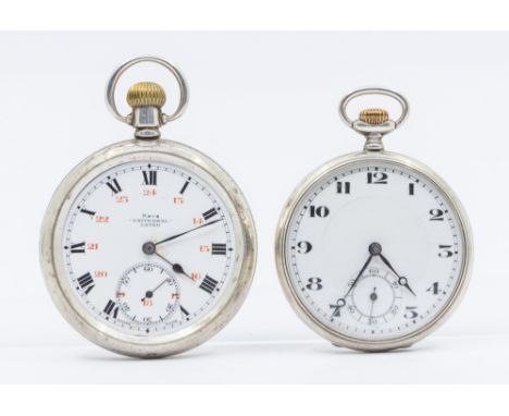 A George V Art Deco silver open faced pocket watch, white enamel dial, Arabic numerals, subsidiary seconds dial, dial approx 
