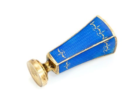 A Russian silver-gilt enamelled seal, the tapered rectangular stem with blue guilloche enamel, the bottom with blank seal, st