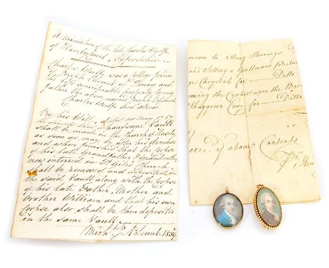 A Georgian painted miniature portrait brooch/pendant, gold beaded oval border set with miniature depicting Charles Wolfe of H