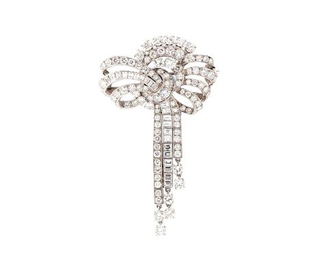 A diamond full-set stylised bow brooch, with triple tassel drops, comprising round brilliant-cut and baguette-cut diamonds, c