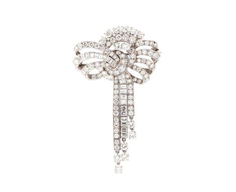 A diamond full-set stylised bow brooch, with triple tassel drops, comprising round brilliant-cut and baguette-cut diamonds, c