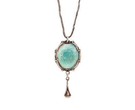 A Charles Horner silver and enamel pendant,  pale mint green guilloche enamel with embossed grape vine decoration, silver scr