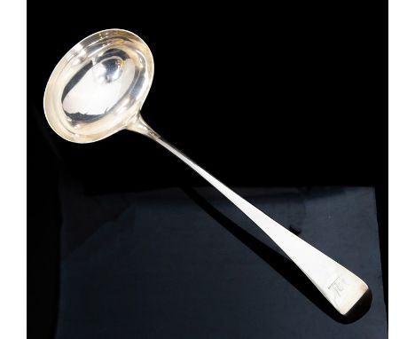 A George III Old English pattern silver soup ladle, the handle engraved with a crest, by Peter & William Bateman, London, 181