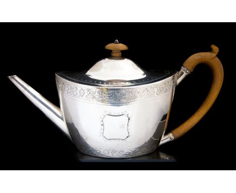 William Frisbee & Paul Storr: A George III silver Neo-Classical teapot, the body and cover bright-cut engraved with scrolling