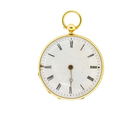 A 19th century Swiss lady's gold fob open faced watch, white enamel dial with Roman numerals, the back case chased with folia