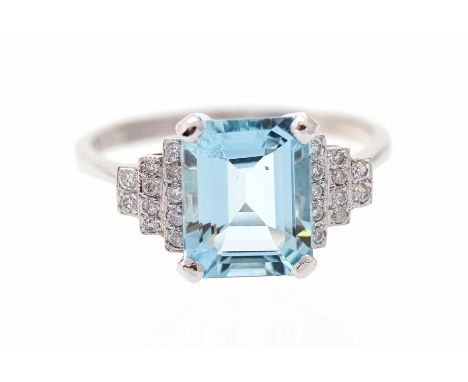 A platinum aquamarine and diamond ring, comprising a claw-set step-cut aquamarine, approx 10mm x 8mm, weighing approx 2.58car