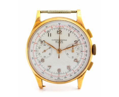Chronographie Suisse, an 18k gold gentleman's chronometer watch, gold coloured Roman numerals, two subsidiary dials, black an