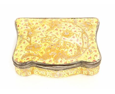 A 19th century shaped rectangular enamelled snuff box, yellow enamelled ground with pink and green flecks, applied with raise