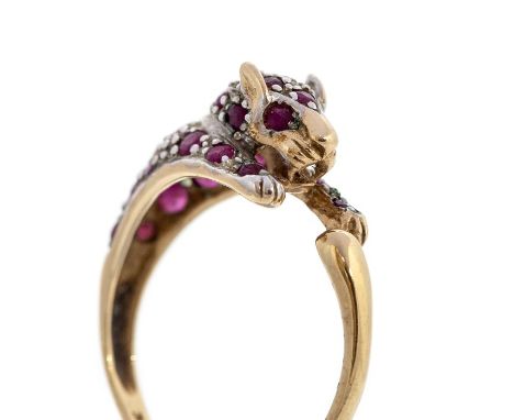 A Panther 9ct gold and ruby set ring, grain set with round stones, panther height approx. 7mm, size P, total gross weight app