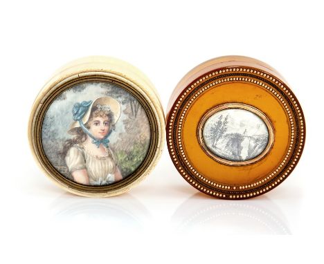 A 19th century tortoiseshell circular snuff box, the central oval cartouche set with a pencil drawing of a man on a bridge in