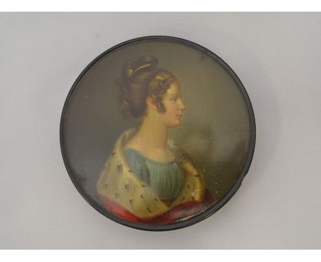 A 19th Century black lacquered circular box and cover, the cover painted with a portrait of Lady in profile with ermine stole