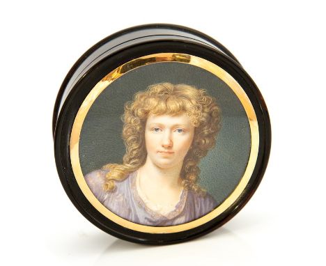 A 19th century circular tortoiseshell snuff box, the cover set with a portrait miniature of a curly-haired girl, approx 8cm d