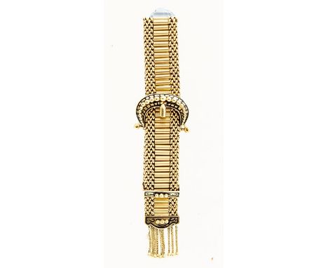 A 14ct gold and enamel buckle bracelet, comprising a central row of tubular links with an entwined chain link border, buckle 