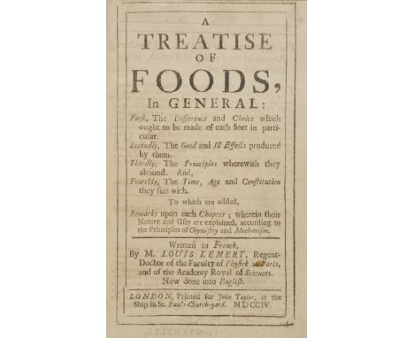 Lemery (Louis). A Treatise of Foods, in General, 1st English edition, 1704, advertisement leaf at end, a few leaves trimmed a