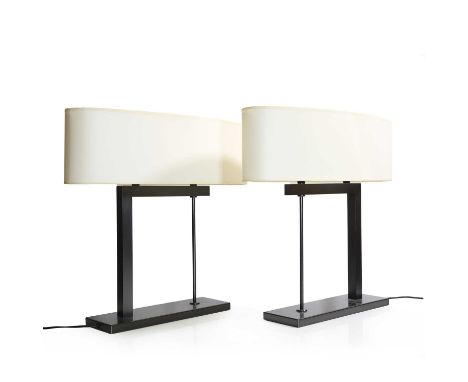 Rabih Hage (French, b.1966), a pair of 'Biblio' table lamps, each patinated metal frame surmounted by an elliptical drum shad