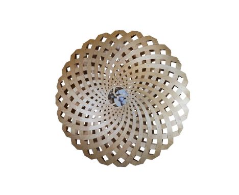 A 'Flax' hanging lamp, modern, designed and manufactured by David Trubridge, the discus-shaped shade constructed of latticed 
