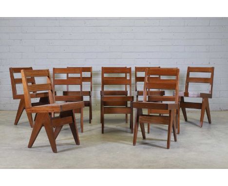 A set of ten French teak dining chairs, 1960s, in the manner of Pierre Jeanneret, each with a slatted seat raised on compass 