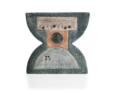 A Troika stoneware anvil vase, 1970s, decorated by Avril Bennett (née Pellow), decorated in blues and pinks with geometric mo
