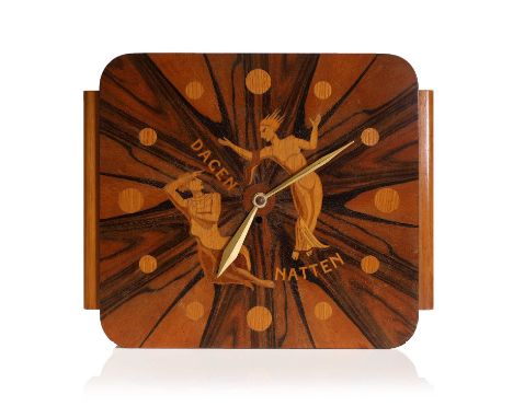 A Scandinavian Art Deco Macassar ebony wall clock, 1930s, decorated with marquetry inlay depicting dancing figures and ‘Dagen