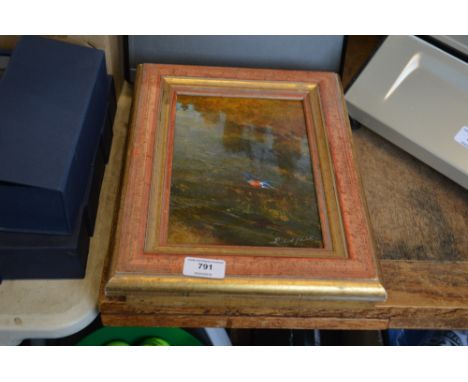 An oil on board study depicting a kingfisher in flight signed to bottom right corner together with a gilt framed portrait of 