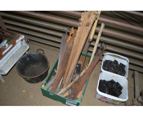 A box of various hand tools; and an artists easel 
