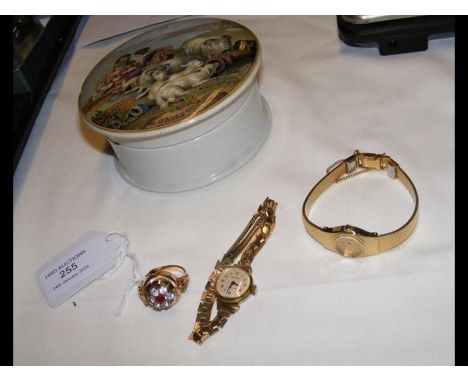 A dress watch ring by Potens, together with two other ladies wrist watches and a Prattware pot