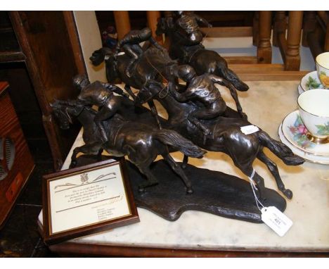 A Limited Edition bronzed resin statuette by David Geenty - entitled 'First Past The Post', together with similar horse racin