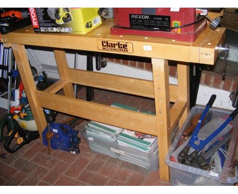 A Clarke Woodworker Bench - width 145cm together with two vices