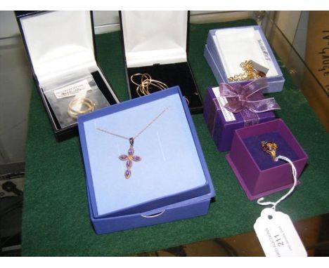 A 9ct gold amethyst cross pendant, 9ct gold ring etc.