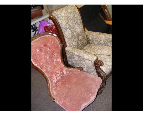 An antique button back nursing chair, together with an antique armchair on castors 