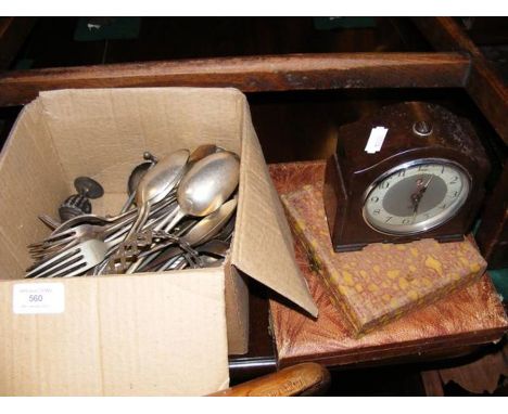 A Smiths Bakelite mantel clock, together with a quantity of silver plated cutlery 