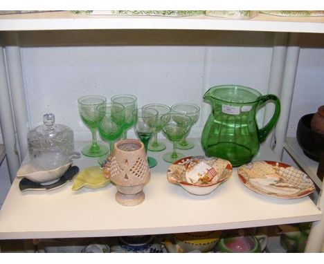 A Carlton Ware 'leaf' dish and plate, a Villeroy &amp; Boch trinket dish, soapstone candle holder and assorted green glass, e