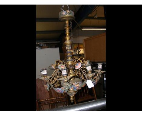 An antique eight branch brass and enamel Russian hanging ceiling light (converted to electric) - 60cmsCONDITION REPORTenamel 