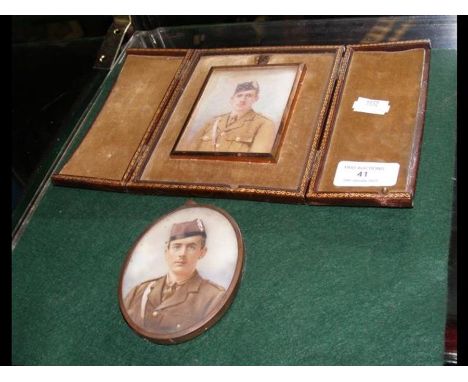 A miniature oval portrait of soldier together with one other in leather presentation case