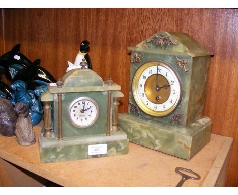 A green marble mantel clock, together with a smaller ditto 