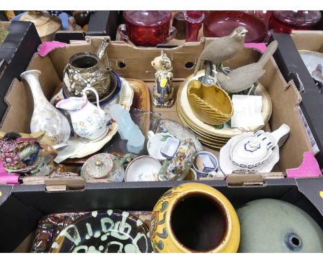 Two boxes of mixed ceramics and glassware to include a Castleford type teapot, studio pottery  six plate tea set etc