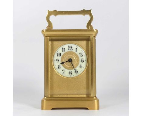 A lacquered brass carriage clock,. the enamel chapter ring showing Arabic numerals, having a visible platform escapement, hei