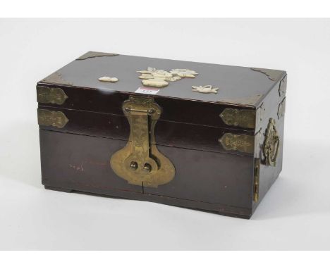 A Chinese mother of pearl inlaid and brass mounted jewellery box, having a fitted interior, w.33cm 