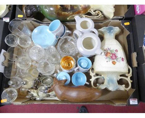 Three boxes of mixed glass and ceramics, to include Poole Pottery teawares, copper lustre, Victorian pottery vases, glass pap