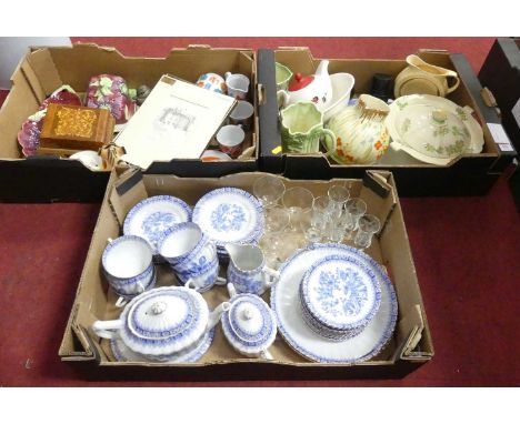 Three boxes of ceramics to include an Askania tea service and enamel cookwares