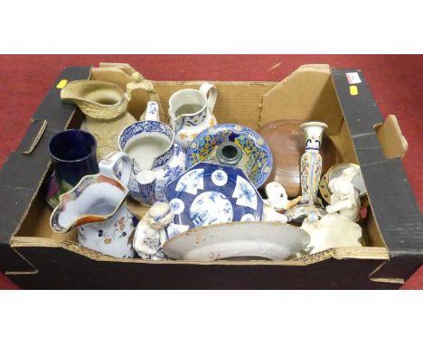 A collection of 18th century and later ceramics to include a bow porcelain plate, a Delft plate, a Pratt jug, and a faience c