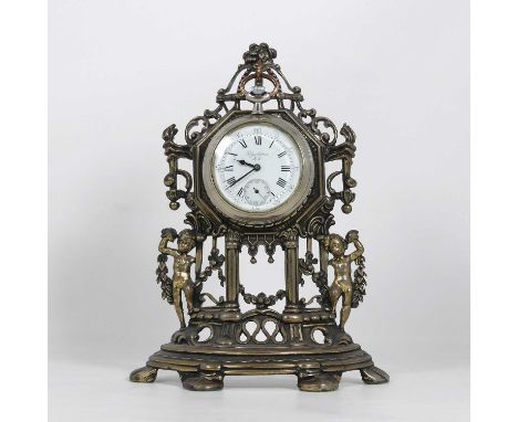A silver plated pocket watch, the enamel dial showing Roman numerals with subsidiary seconds dial, with a plated metal pocket