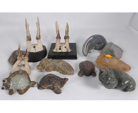 Miscellaneous items to include Muntjac antlers and stone carving