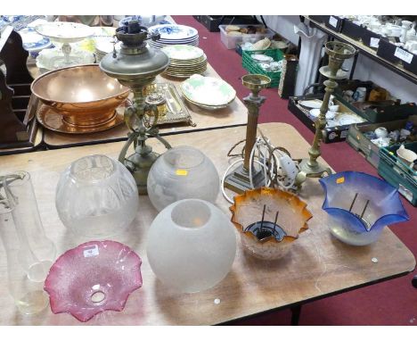 A collection of Victorian glass oil lamp shades, and three brass lamp bases (11)Peach shade font opening 6cm, appears in good