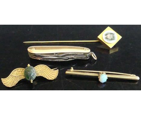 A yellow metal and hardstone set wings brooch, unmarked but tests as approx 18ct gold; together with a yellow metal and micro