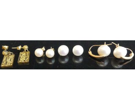 A pair of 14ct gold abacus ear pendants, 3.1g; together with a pair of 9ct gold cultured pearl ear studs; pair of white metal